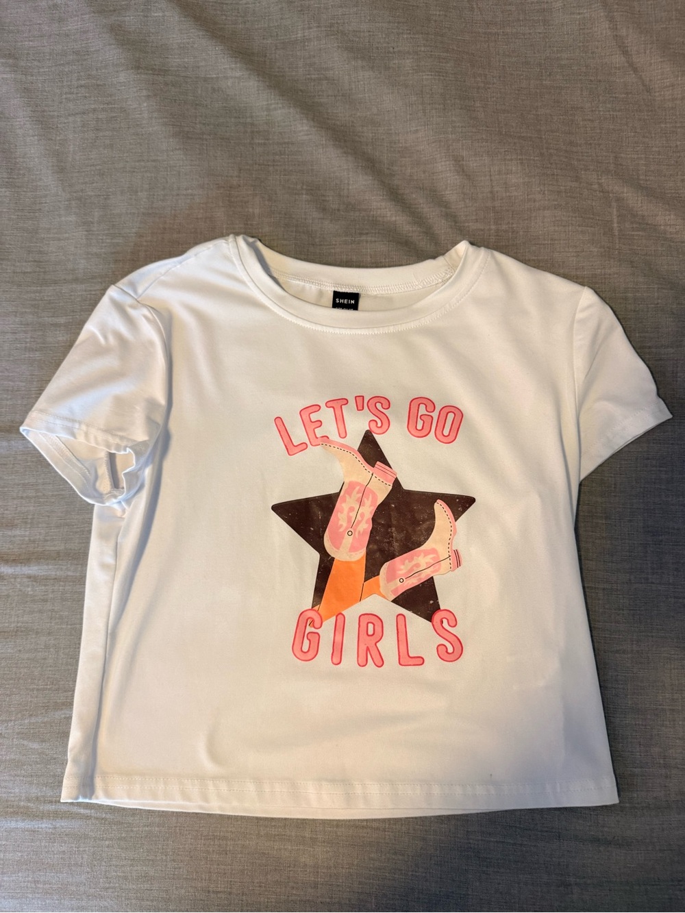 SHEIN White Graphic Crop Tee with Pink Lettering